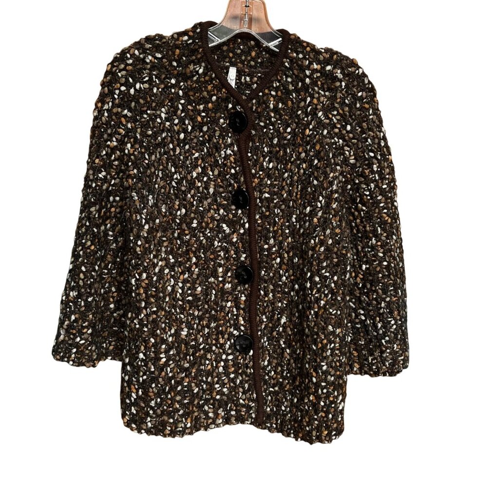 Leo & Nicole Boucle Chunky Speckled Knit Snap Front Cardigan Sweater Brown Large